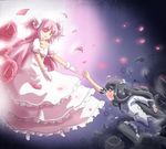  akemi_homura black_hair bow closed_eyes dissolving dress flower gears gloves hair_bow hairband hinghoi kaname_madoka long_hair magical_girl mahou_shoujo_madoka_magica multiple_girls outstretched_arm outstretched_hand pantyhose petals pink_hair reaching rose skirt smile spoilers tears ultimate_madoka very_long_hair white_dress white_gloves 