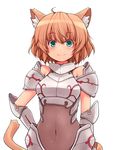  animal_ears aqua_eyes armor blush breastplate gauntlets hasu_(hk_works) looking_at_viewer navel orange_hair original pauldrons short_hair simple_background smile solo tail white_background 