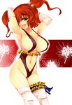  alternate_costume armpits arms_behind_head arms_up borrowed_design breasts cleavage covered_nipples elbow_gloves flower gloves groin hair_bobbles hair_ornament large_breasts leg_garter legs leotard mabuchoco_m naughty_face navel onozuka_komachi open_mouth red_eyes red_hair revision short_hair simple_background solo spider_lily swimsuit thighhighs thighs tongue touhou two_side_up 