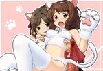  animal_ears brown_eyes brown_hair cat_ears cat_tail fang green_eyes idolmaster idolmaster_cinderella_girls komore maekawa_miku multiple_girls nagatomi_hasumi navel ribbon short_hair tail thighhighs 