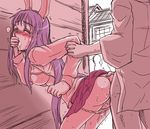  1girl against_wall animal_ears ass ass_grab blush bra breasts breasts_outside bunny_ears clothed_sex covering_mouth doggystyle faceless faceless_male hetero kisaragi_ryou_(sougetsu-tei) long_hair medium_breasts nipples panties panty_pull partially_undressed public reisen_udongein_inaba sex skirt skirt_lift solo_focus standing stealth_sex touhou trembling underwear vaginal very_long_hair 