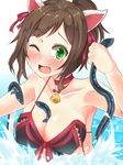  ;d animal_ears bell bell_collar bikini brown_hair cat_ears collar eel fang green_eyes idolmaster idolmaster_cinderella_girls kagami_yuu maekawa_miku one_eye_closed open_mouth ponytail smile solo swimsuit 