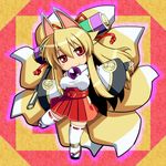  animal_ears blonde_hair breasts chibi fox_ears fox_tail highres izuna_(shinrabanshou) large_breasts long_hair masu_shu multiple_tails outstretched_arms red_eyes shinrabanshou smile solo tail thighhighs white_legwear 