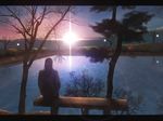  bench brown_hair highres hono_mochizuki lake landscape original scenery sky star_(sky) sunrise tree water 