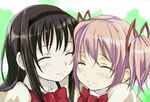  akemi_homura black_hair bow closed_eyes fujikawa_daichi hair_ribbon hairband kaname_madoka luminous_(madoka_magica) mahou_shoujo_madoka_magica multiple_girls pink_hair ribbon school_uniform short_twintails smile twintails yuri 