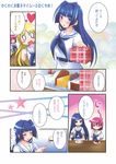  blonde_hair blue_hair blush cake comic expressionless food highres hirose_sumire miyanaga_teru multiple_girls o_o oohoshi_awai red_hair saki satsuki_suzuran shiraitodai_school_uniform translation_request 