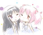  akemi_homura black_hair cheek-to-cheek hair_ribbon hairband kaname_madoka long_hair luminous_(madoka_magica) mahou_shoujo_madoka_magica multiple_girls nekoyama one_eye_closed open_mouth pink_eyes pink_hair purple_eyes ribbon short_twintails smile twintails 