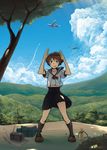  aircraft airplane arms_up bag brown_eyes brown_hair cloud day highres looking_at_viewer original radio rai32019 school_bag school_uniform short_hair skirt sky solo thermos 