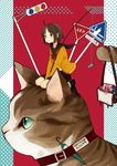  backpack bag blue_eyes braid brown_hair cat collar highres mituame on_head original short_hair single_braid sitting traffic_light umbrella wariza 