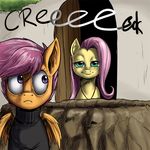  clothing creepy cub duo english_text equine female feral fluttershy_(mlp) friendship_is_magic fur green_eyes hair horse looking_back mammal my_little_pony orange_fur pegasus pink_hair pony purple_eyes purple_hair rape_face scootaloo_(mlp) simple_background smile text wings yellow_fur young 