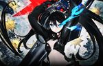  black_hair black_rock_shooter black_rock_shooter_arcana blue_eyes huke long_hair navel twintails 