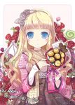  bat_wings blonde_hair blue_eyes blush candy casual chocolate colored_eyelashes flower food gift_bag hair_flower hair_ornament hairband heart jewelry jin_young-in lollipop long_hair nail_polish necklace open_bag open_gift original red_flower red_rose revision ribbon rose scarf solo valentine wavy_hair wings 
