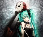  1girl aqua_eyes aqua_hair bare_shoulders chainsaw collar commentary_request crossover earrings elbow_gloves gloves hatsune_miku hockey_mask jason_voorhees jewelry long_hair microphone microphone_stand necklace revision twintails vocaloid yamano_uzura 