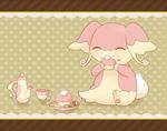  artist_request audino blush border checkerboard_cookie closed_eyes cookie cup cupcake eating food full_body gen_5_pokemon happy heart lace no_humans plate pokemon pokemon_(creature) simple_background tea teacup teapot 
