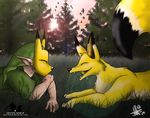  black_fur black_nose canine clothing eyes_closed feral forest fox fur grass human keaton keatonnoir lens_flare link mammal mask nature not_furry outside scenery sunset teeth the_legend_of_zelda tree video_games white_fur wood yellow yellow_fur 