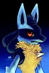  fur haychel looking_at_viewer lucario male nintendo pok&#233;mon pok&eacute;mon red_eyes solo video_games 