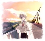  bridge cloud grey_hair highres hill leaning male_focus nagisa_kaworu neon_genesis_evangelion nishisaki red_eyes scenery sky smile solo 