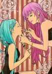  applying_makeup bangle blue_hair bracelet closed_eyes earrings floral_background hand_on_another's_chin hatsune_miku holding jewelry lips lipstick lipstick_tube long_hair looking_at_another makeup megurine_luka mirror multiple_girls pink_hair sayococco striped striped_background traditional_media vocaloid 