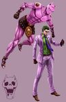  fayse formal gloves green_hair highres jojo_no_kimyou_na_bouken kawajiri_kousaku killer_queen kira_yoshikage necktie stand_(jojo) suit 