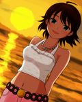  ahoge arms_behind_back awakened_miki bare_shoulders brown_hair collarbone dutch_angle green_eyes highres hoshii_miki idolmaster idolmaster_(classic) jewelry looking_at_viewer midriff minato_kazumi navel necklace open_mouth revision short_hair smile solo sunset tank_top 