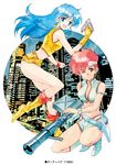  80s agahari blue_eyes blue_hair boots breasts building cleavage copyright_name dirty_pair gloves headband kei_(dirty_pair) knee_boots legs long_hair looking_at_viewer medium_breasts midriff multiple_girls navel oldschool one_eye_closed red_eyes red_hair smile yuri_(dirty_pair) 