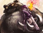  animal_ears annie_hastur aoin backpack bag bear claws evil_grin evil_smile fire green_eyes grin hairband league_of_legends multiple_tails petite pink_hair short_hair smile striped striped_legwear tail tibbers 