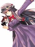  :o alternate_costume blue_eyes bow bowtie capelet colorized commentary crescent dress hair_bow hat head_wings in_palm koakuma long_hair minigirl multiple_girls outstretched_arm patchouli_knowledge purple_hair red_eyes red_hair shiren_(monochrome_structure) touhou white_background wings yutazou 