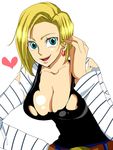  android_18 blonde_hair blue_eyes breasts chiroru_shimai cleavage dragon_ball dragonball_z earrings heart jewelry no_bra short_hair simple_background smile solo torn_clothes white_background 