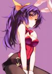  angry animal_ears bare_shoulders black_legwear blush breasts bunny_ears bunny_tail bunnysuit detached_collar frown leotard long_hair medium_breasts pantyhose ponytail purple_background purple_eyes purple_hair red_leotard shiren_(monochrome_structure) sketch solo tail touhou v_arms watatsuki_no_yorihime wrist_cuffs 
