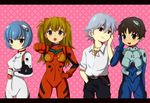  2boys 2girls a10_nerve_clips ayanami_rei belt blue_eyes blue_hair can clenched_hand fist grey_hair hand_on_hip headphones highres ikari_shinji multiple_boys multiple_girls nagisa_kaworu nagsia neon_genesis_evangelion plugsuit pound_it red_eyes red_hair soryu_asuka_langley 