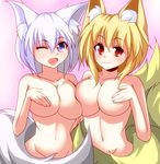  alternate_eye_color animal_ears blonde_hair blue_eyes blush breast_press breasts cleavage collarbone covering_nipples fang fox_ears fox_tail highres inubashiri_momiji large_breasts looking_at_viewer merry_(diameri) multiple_girls multiple_tails navel nude one_eye_closed open_mouth red_eyes short_hair silver_hair smile tail touhou wolf_ears wolf_tail yakumo_ran 