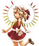  ao_usagi bare_shoulders blonde_hair chili flandre_scarlet from_behind grin hat hat_ribbon leg_up looking_at_viewer mouth_hold red_eyes red_skirt ribbon sandals side_ponytail skirt smile solo touhou wings 