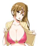  :o alternate_hairstyle bikini_top breasts brown_hair chuunibyou_demo_koi_ga_shitai! cleavage collarbone hair_ornament hairclip huge_breasts long_hair looking_at_viewer nibutani_shinka open_clothes open_mouth shiny shiny_skin side_ponytail simple_background solo swimsuit v-shaped_eyebrows white_background zaxwu 