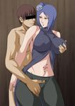  1boy 1girl bar_censor bare_shoulders blue_hair breast_grab breasts censor_bar censored flower grabbing groping hair_flower hair_ornament highres hug hug_from_behind identity_censor jewelry konan labret_piercing lime_(purple_haze) lip_piercing naruto naruto_shippuuden navel orange_eyes piercing purple_haze ring 