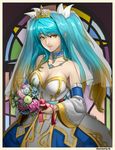 bare_shoulders blonde_hair blue_hair bouquet breasts bridal_veil choker cleavage detached_sleeves dress flower gradient_hair highres jewelry large_breasts league_of_legends lipstick long_hair makeup multicolored_hair necklace oz_(gerbera7) ribbon solo sona_buvelle stained_glass tiara veil wedding_dress yellow_eyes 