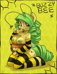  anthro anthrofied atryl brown_eyes curly_hair equine female green_hair hair honey horse mammal my_little_pony nipples original_character plain_background pony signature solo wings yellow_background 