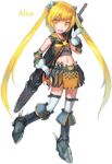  bad_id bad_pixiv_id blonde_hair full_body gloves highres long_hair midriff navel observerz original solo thighhighs transparent_background twintails weapon yellow_eyes 