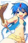  aladdin_(magi) blue_eyes blue_hair blush braid copyright_name long_hair magi_the_labyrinth_of_magic male_focus midriff navel open_mouth satomi_yoshitaka single_braid solo staff turban 