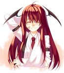  :d ^_^ ahoge arm_behind_head arm_garter arm_sling arm_up bandages bandaid bandaid_on_face bandaid_on_finger bat_wings closed_eyes head_wings koakuma long_hair necktie open_mouth red_hair red_neckwear shiren_(monochrome_structure) shirt smile solo sweatdrop touhou upper_body vest white_shirt wings 