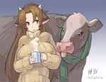  2012 animal_ears borrowed_character breasts brown_eyes brown_hair cow cow_ears cow_girl cup dated ego_trigger horns huge_breasts junkpuyo long_hair mattie_(ego_trigger) mug original ribbed_sweater scarf steam sweater turtleneck 