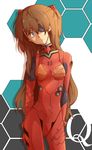  arms_behind_back bad_id bad_pixiv_id bangs blue_eyes bodysuit bracer breasts brown_hair closed_mouth copyright_name cowboy_shot evangelion:_3.0_you_can_(not)_redo eyepatch frown gloves hair_between_eyes head_tilt headgear hexagon highres honeycomb_(pattern) honeycomb_background logo long_hair looking_to_the_side neon_genesis_evangelion number one_eye_covered pilot_suit plugsuit rebuild_of_evangelion red_bodysuit ruhuruhuruhuhu shikinami_asuka_langley skinny small_breasts solo souryuu_asuka_langley standing tape turtleneck very_long_hair white_background 