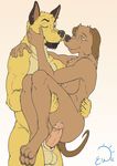  balls beard blue_eyes brown_fur buck_(exawolf) canine claws cum dog duo erection exawolf facial_hair female fur hug love male mammal penis piercing romantic smile straight white_fur yellow_eyes yellow_fur 