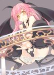 bare_shoulders black_legwear blush bridal_legwear cover cover_page demon_girl glass grey_background hair_ribbon long_hair looking_at_viewer md5_mismatch original pink_eyes pink_hair pointy_ears ribbon solo succubus tatami_to_hinoki thighhighs wings yellow_eyes 
