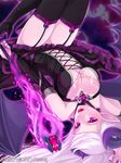  annette_shaytan black_legwear boots breasts copyright_name demon_girl demon_horns fingerless_gloves garter_straps gloves horns junketsu_duelion large_breasts lips lipstick long_hair looking_at_viewer makeup nail_polish official_art pointy_ears purple_eyes silver_hair smile solo staff succubus takatsuki_kahiro thighhighs translated upside-down watermark 