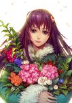  asura's_wrath flower girl_(asura's_wrath) hair_ornament leaf purple_eyes purple_hair smile solo white_background yufy 
