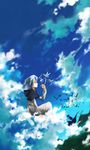  bird blue_eyes blue_hair blue_sky cloud headwear_removed holding kumoi_ichirin long_sleeves mountain open_mouth palanquin_ship silhouette sitting sky sorano_eika touhou unzan 