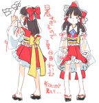  1girl :&lt; ankles arms_at_sides back_bow bangs bare_legs bow brown_hair closed_mouth detached_sleeves expressionless frilled_hair_tubes full_body hair_bow hair_tubes hakurei_reimu hands_up holding kayako_(tdxxxk) kneepits long_hair long_sleeves looking_at_viewer multiple_views no_mouth obi profile red_bow ribbon-trimmed_sleeves ribbon_trim sash simple_background sketch standing tareme touhou translation_request white_background white_sleeves wide_sleeves yellow_bow yellow_sash 