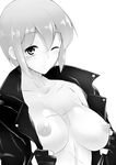  breasts fingerless_gloves gloves greyscale jacket large_breasts looking_at_viewer mechazinaida monochrome nipples one_eye_closed ooe_kazuna open_clothes power_pro_kun_pocket scar short_hair simple_background solo topless white_background 