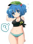  ? blue_eyes blue_hair blush breasts cleavage collarbone flying_sweatdrops hair_bobbles hair_ornament hat ica kawashiro_nitori key medium_breasts midriff navel panties plump shirt short_twintails solo tank_top tied_shirt touhou twintails two_side_up underwear 