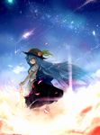  bad_id bad_pixiv_id blue_hair dress food fruit hands_on_hilt hat highres hinanawi_tenshi katsudansou leaf long_hair peach profile red_eyes resized revision smile solo star_(sky) sword sword_of_hisou touhou very_long_hair weapon 